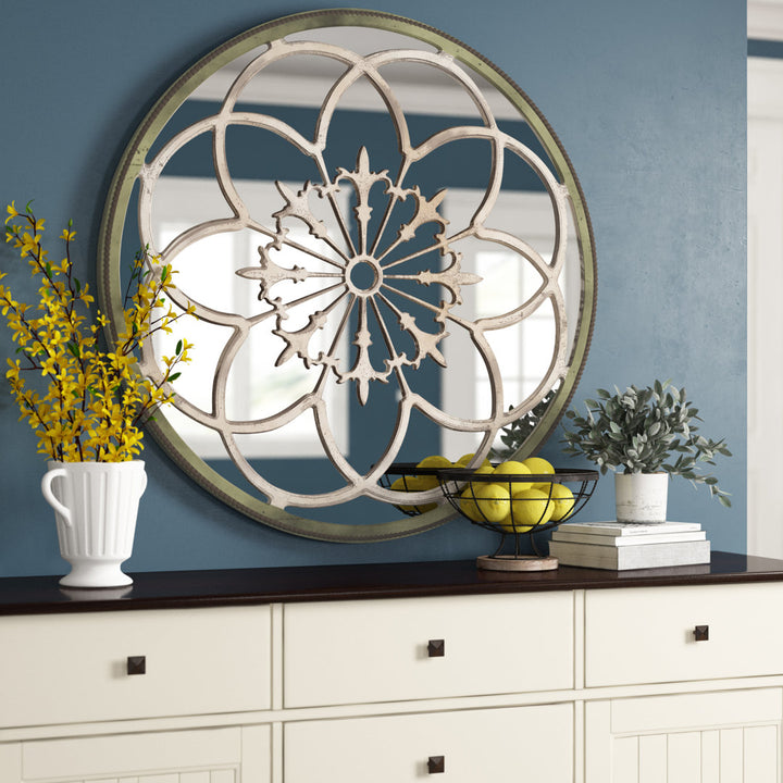 Wooden Medallion Floral Room Cream Wall Mirror with Vintage Frame Bungalow Rose