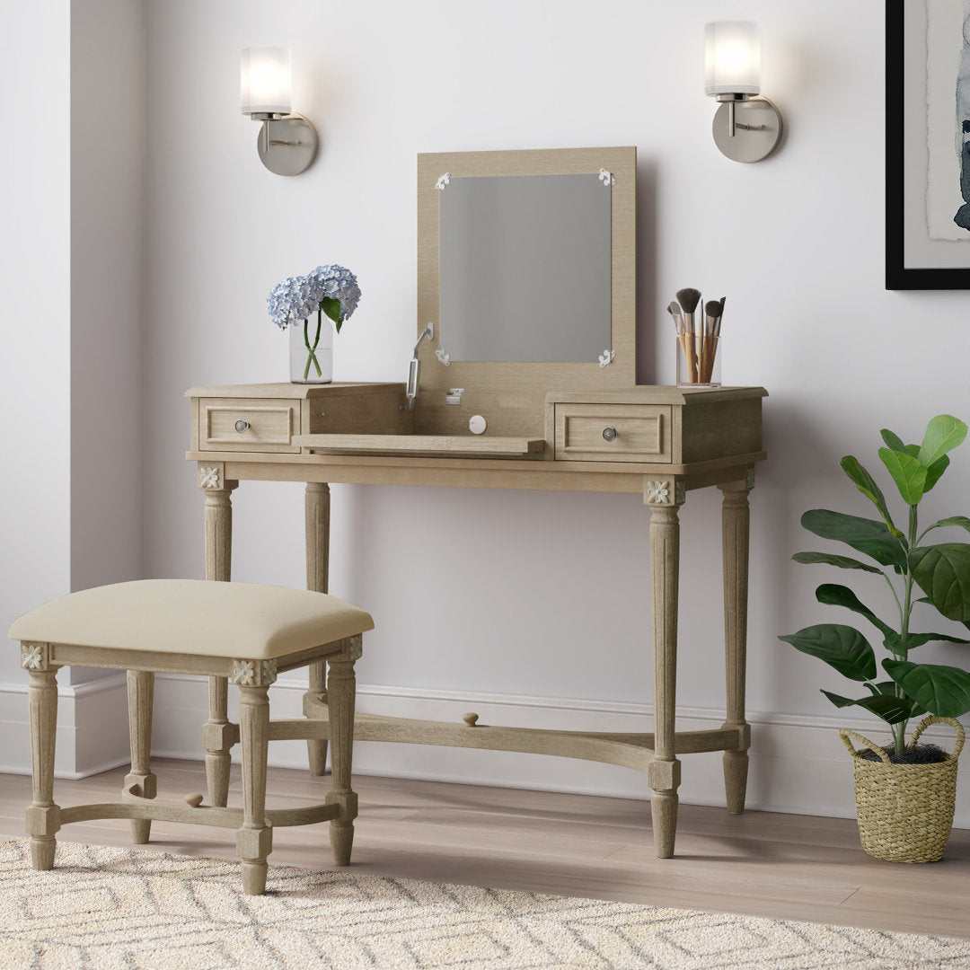 June Natural Two Drawer Flip Top Vanity Set with Stool Kelly Clarkson Home