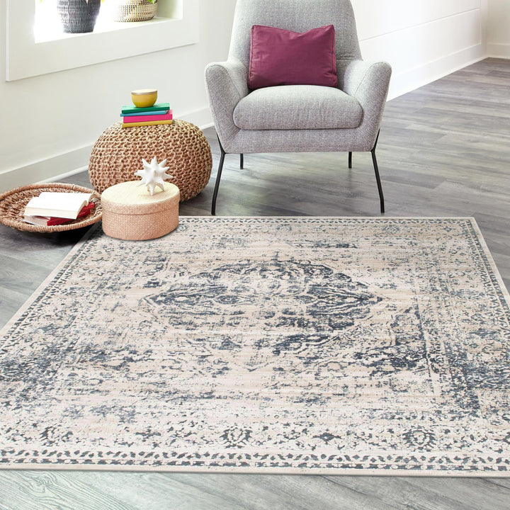 Arkeen Oriental Dark Blue/Beige Area Rug Lark Manor™ Rug Size: Square 6'1"