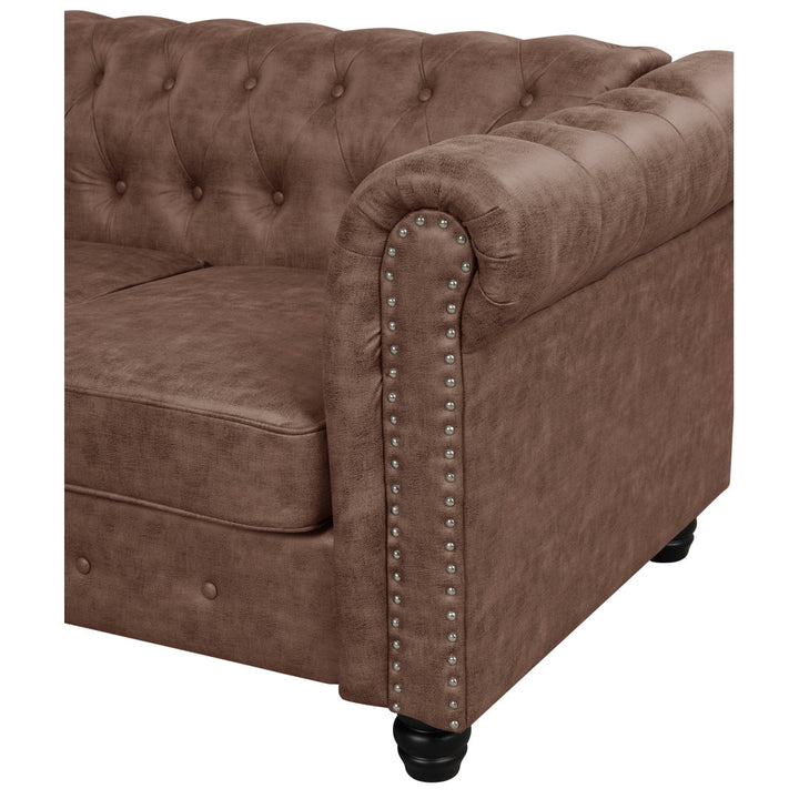 Provence 61" Rolled Arm Chesterfield Loveseat Kelly Clarkson Home Upholstery Color: Brown Leather like Fabric