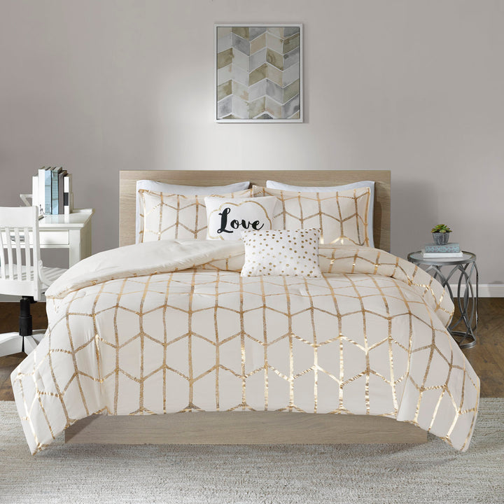Raina Metallic Printed Comforter Set Intelligent Design Color: Ivory/Gold Size: King/Cal.King Comforter + 2 Shams + 2 Throw Pillow