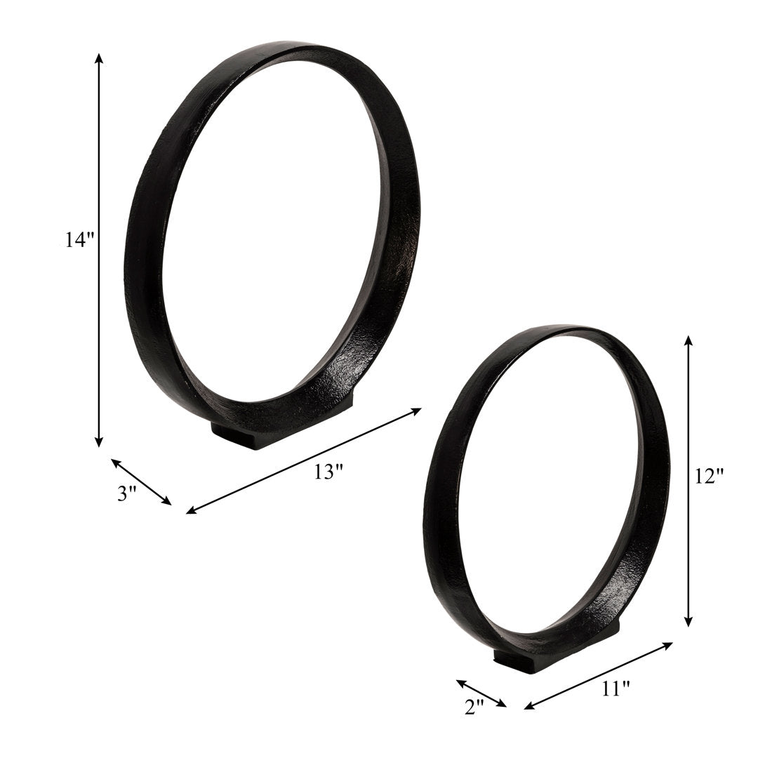 Set of 2 Metal Ring Sculptures - Modern Abstract Black Aluminum 12" and 14" Circular Sculpture Steelside™