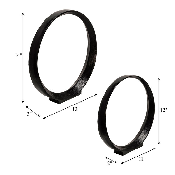 Set of 2 Metal Ring Sculptures - Modern Abstract Black Aluminum 12" and 14" Circular Sculpture Steelside™