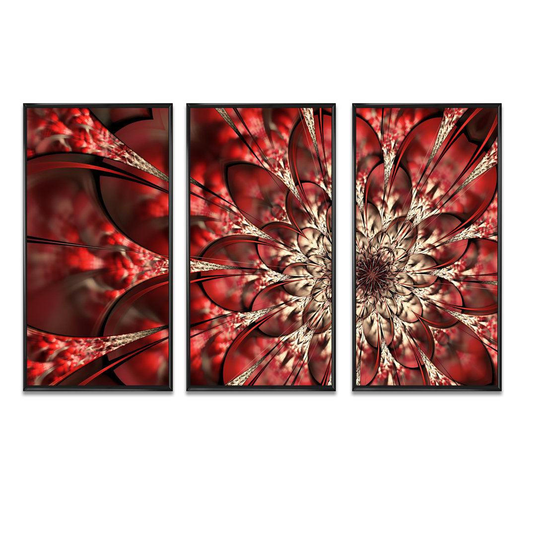 Red Symmetrical Flowers Pattern - 3 Piece Floater Frame Graphic Art on Canvas Red Barrel Studio® Size: 20" H x 36" W Format: Black
