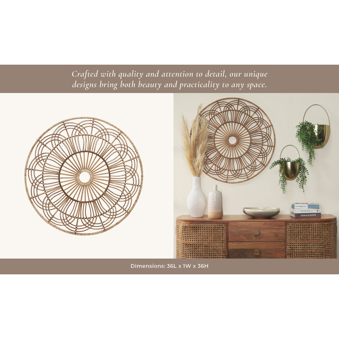 36-inch Round Wicker Brown Hanging Wall Decor - A Contemporary Rustic Accent for Home or Office Mistana™