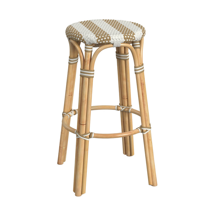 Alastair Bar & Counter Stool Birch Lane™ Color: Tan/White Stripe/Natural Rattan Frame Seat Height: Bar Stool (30" Seat Height)