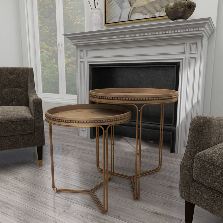 Wooden Round Beaded Nesting Side End Brown Accent Table with Gold Metal Stand Set Dakota Fields
