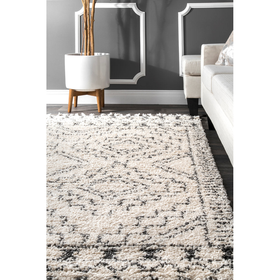 Adry Moroccan Shag Tasseled Cream/Charcoal Area Rug Union Rustic Rug Size: Rectangle 6'7" x 9'2"