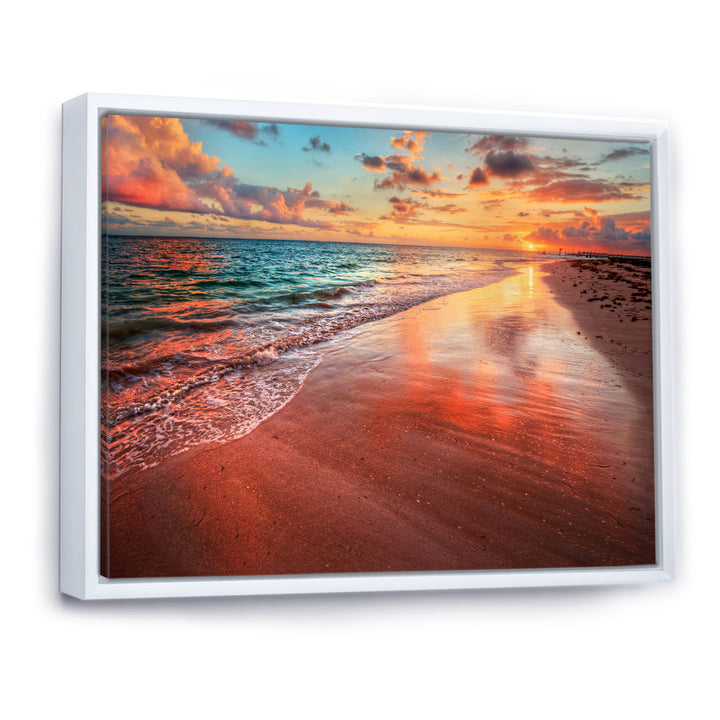 Sunset over an Ocean Beach Shore II - Photograph on Canvas East Urban Home Size: 24" H x 32" W x 1" D Format: White Floater Framed