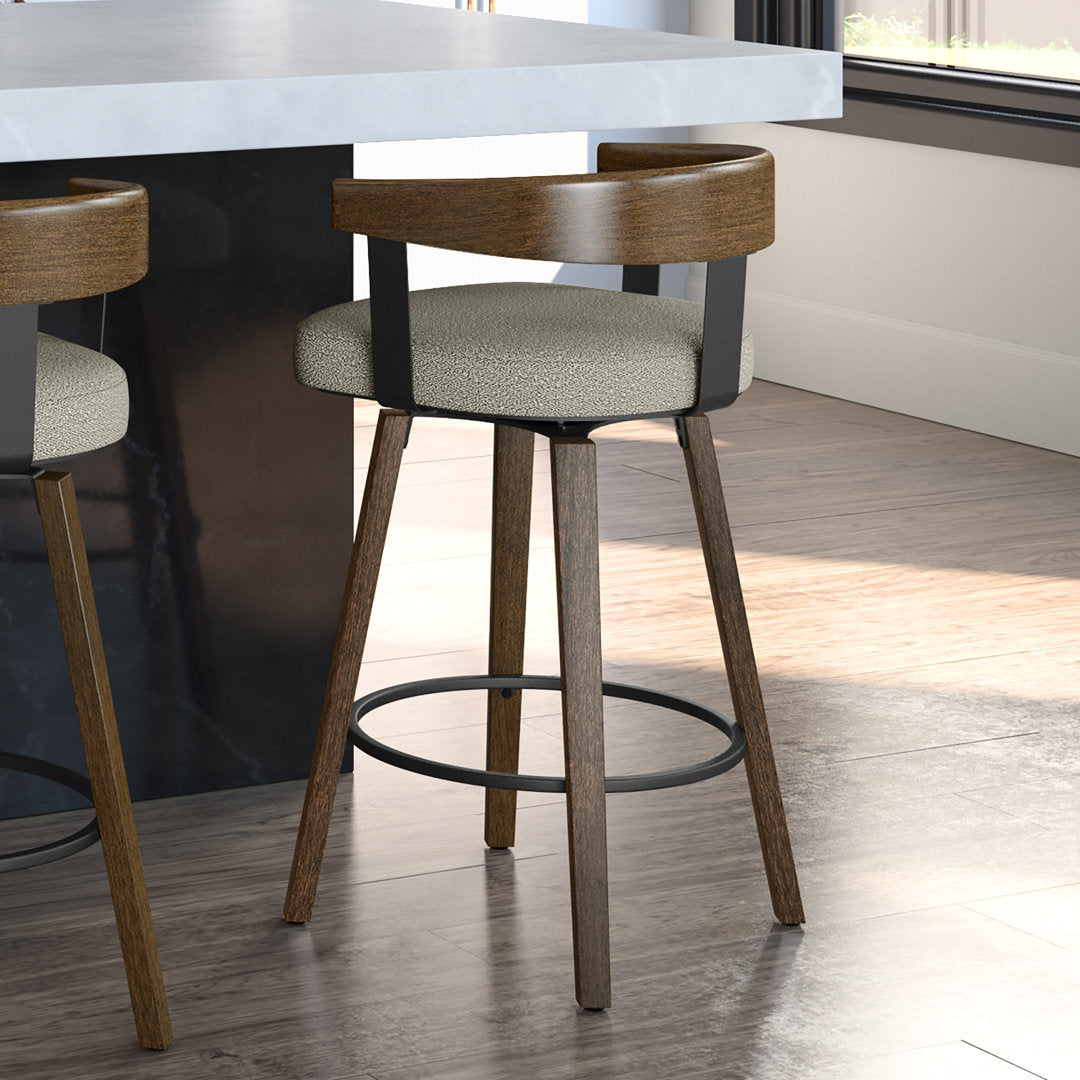 Calvion Swivel Counter & Bar Stool with Wooden Backrest Wade Logan® Upholstery: Light Beige/Gray Bouclé, Seat Height: Counter Stool (26.25" Seat Height)