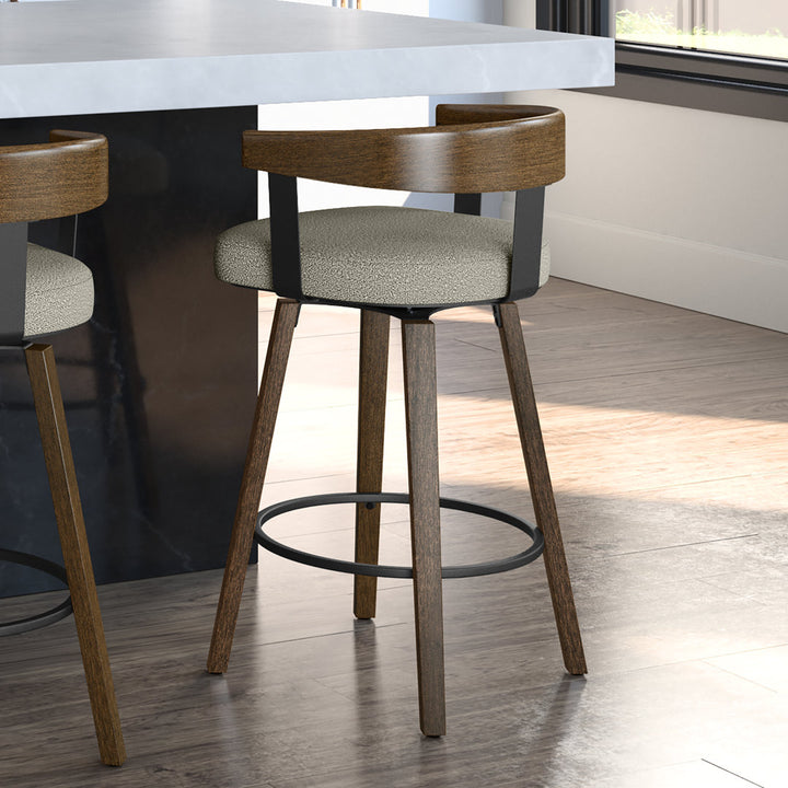 Calvion Swivel Counter & Bar Stool with Wooden Backrest Wade Logan® Upholstery: Light Beige/Gray Bouclé, Seat Height: Counter Stool (26.25" Seat Height)