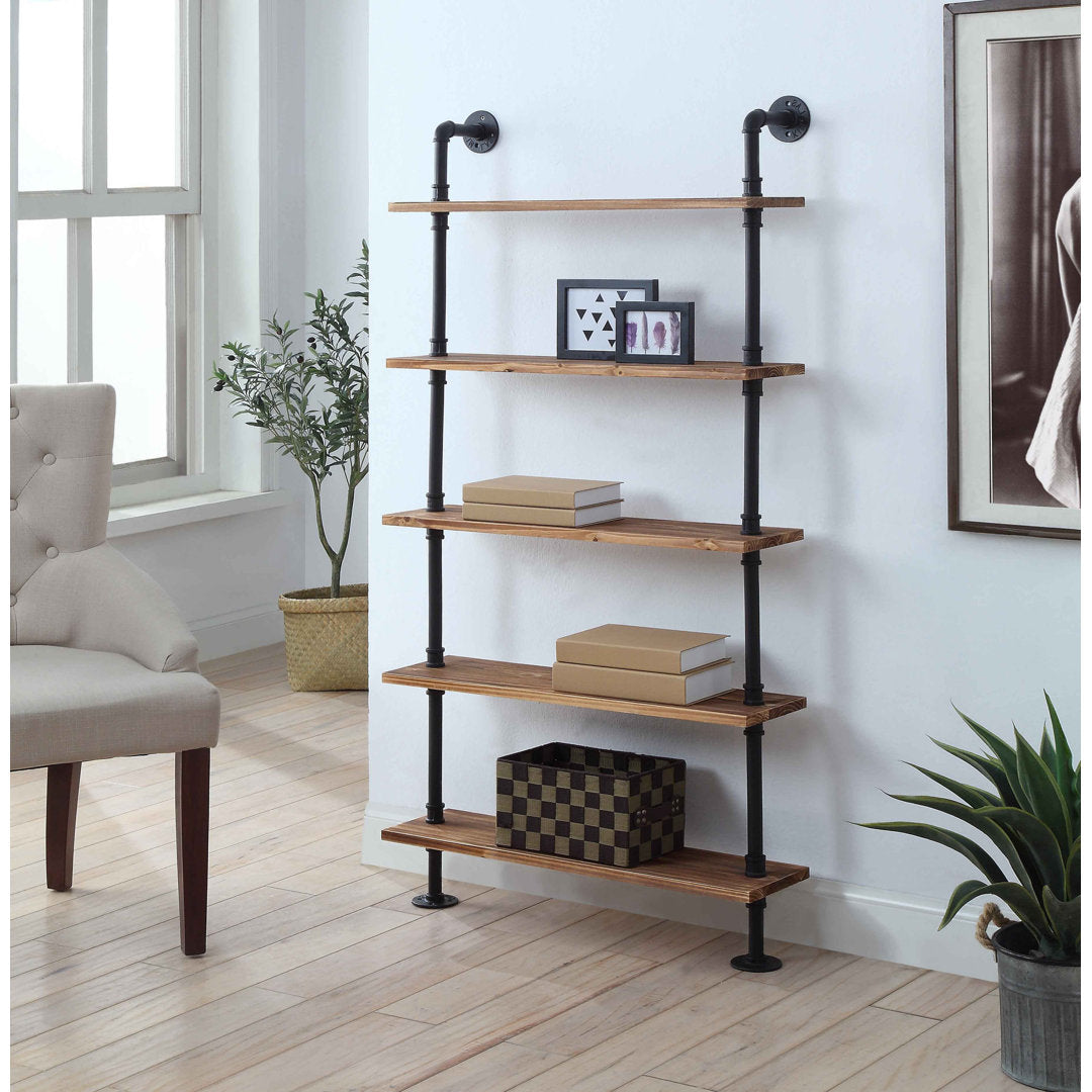 Juan 5 Tiered Shelf Industrial Pipe Shelves Williston Forge Finish: Black Pipe/Brown Shelves