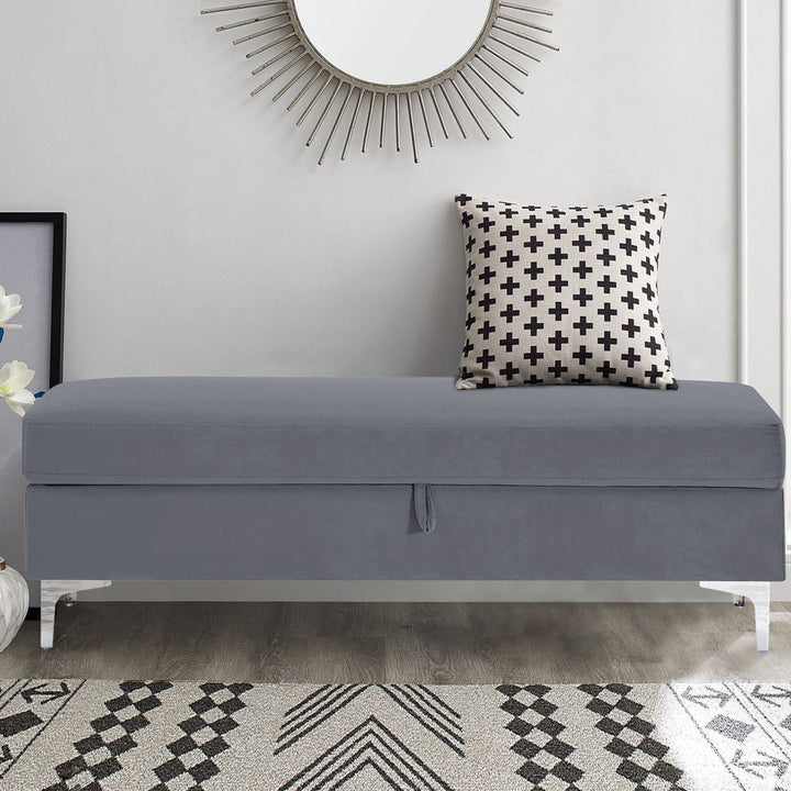 Taquarius 56" Velvet Upholstered Flip Top Storage Bench with Metal Legs Everly Quinn Color: Dark Gray
