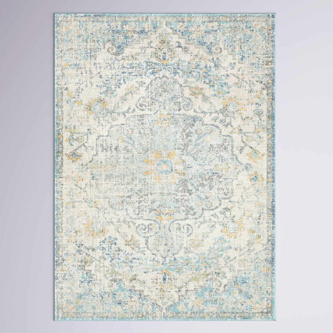 Hillsby Oriental Ivory Cream/Teal/Yellow Area Rug Mistana™ Rug Size: Rectangle 6'7" x 9'