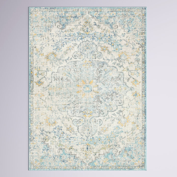 Hillsby Oriental Ivory Cream/Teal/Yellow Area Rug Mistana™ Rug Size: Rectangle 6'7" x 9'