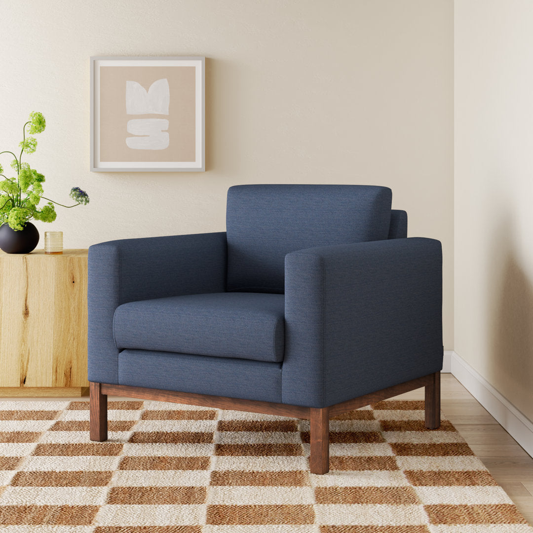 Clayton Upholstered Armchair Joss & Main Fabric: Venga Dust Blue Performance Basketweave