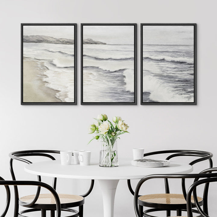Coastal Beach Ocean Waves Muted Relax Calm Seascape Home Decor - Framed Canvas Print Wall Art Work SIGNLEADER Size: 24" H x 48" W x 1.5" D Format: Black Framed