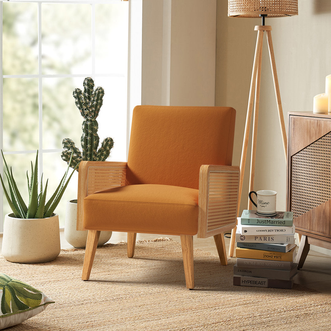 Mayenne Upholstered Accent Chair with Rattan Arms Lark Manor™ Fabric: Yellow Velvet