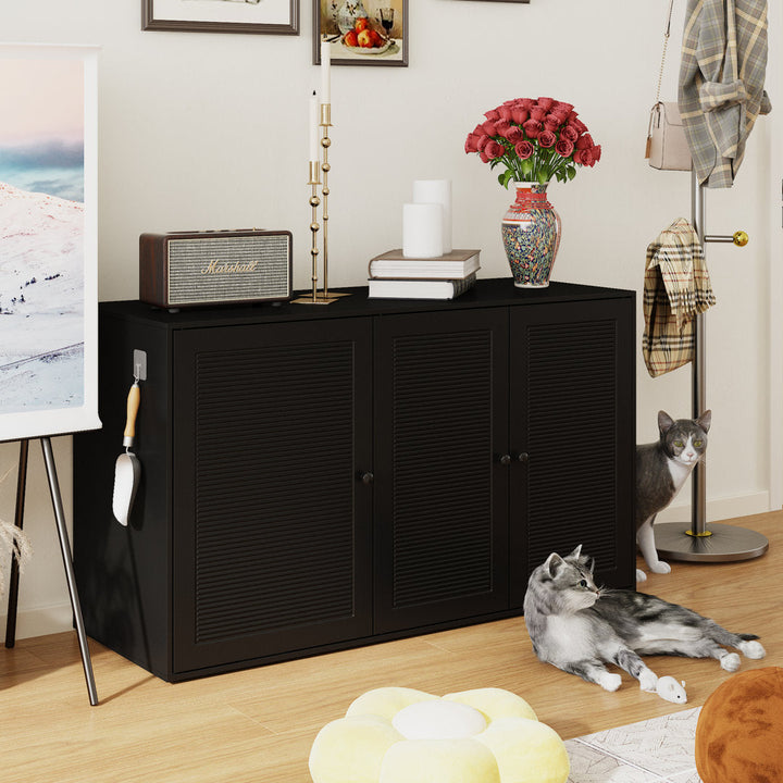 Black Three Door Cat Litter Box Enclosure With 4 Shelves Tucker Murphy Pet™ Color: Black