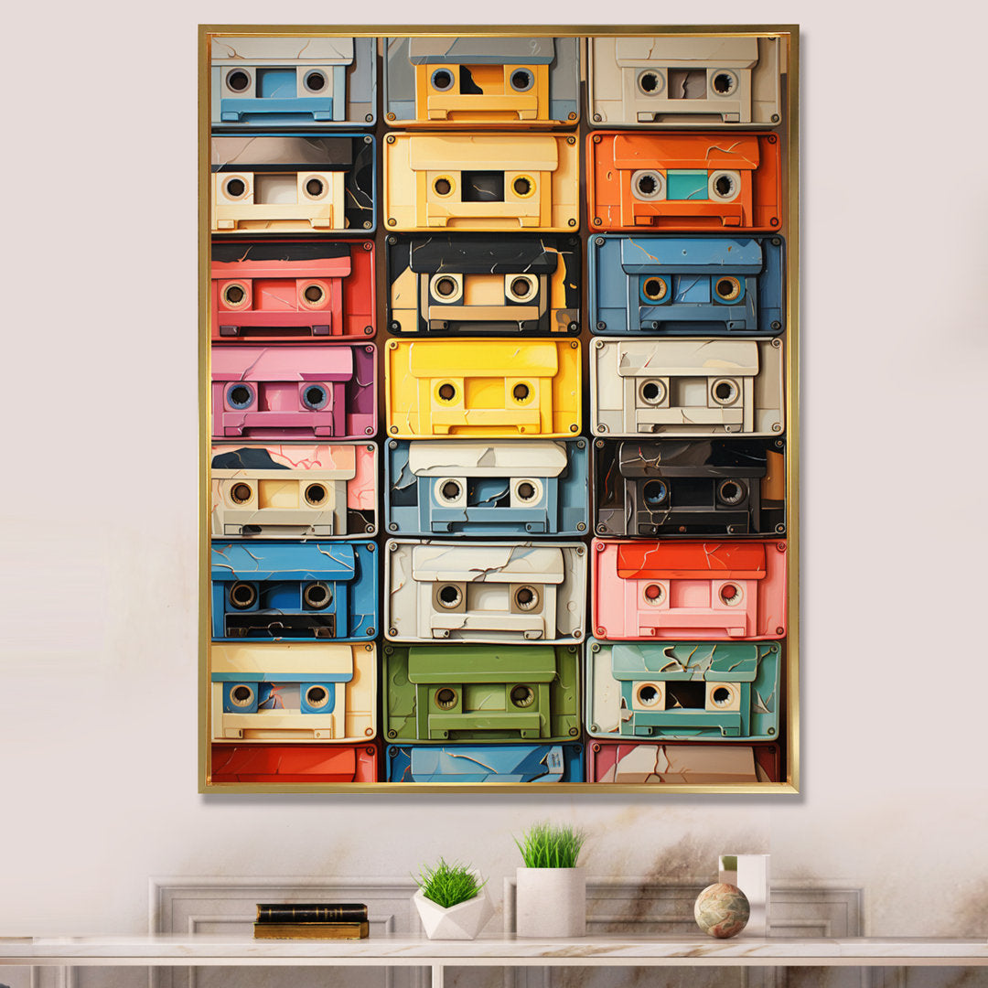 Popart Cassette Tapes X On Canvas Print Red Barrel Studio® Size: 44" H x 34" W x 1.5" D Format: Gold Floater Framed