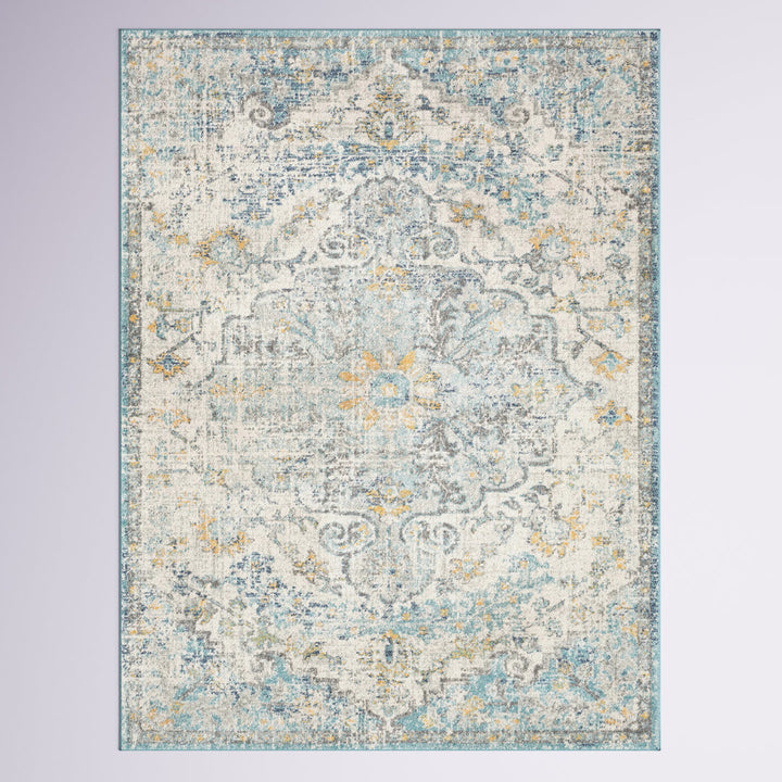 Hillsby Oriental Ivory Cream/Teal/Yellow Area Rug Mistana™ Rug Size: Rectangle 6'7" x 9'
