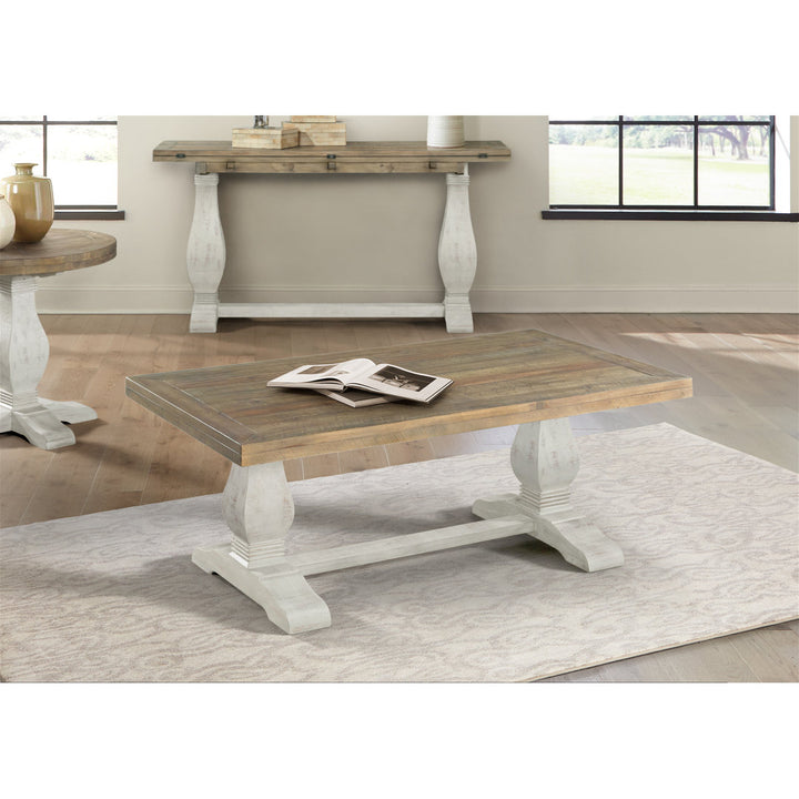 Sarcoline Solid Wood Pedestal Coffee Table The Twillery Co.® Table Top Color/Table Base Color: Reclaimed Natural/White Stain