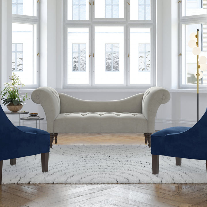 Kareem Upholstered Chaise Lounge Three Posts™ Teen Upholstery Color: Bella Light Gray Performance Velvet, Leg Color: Espresso