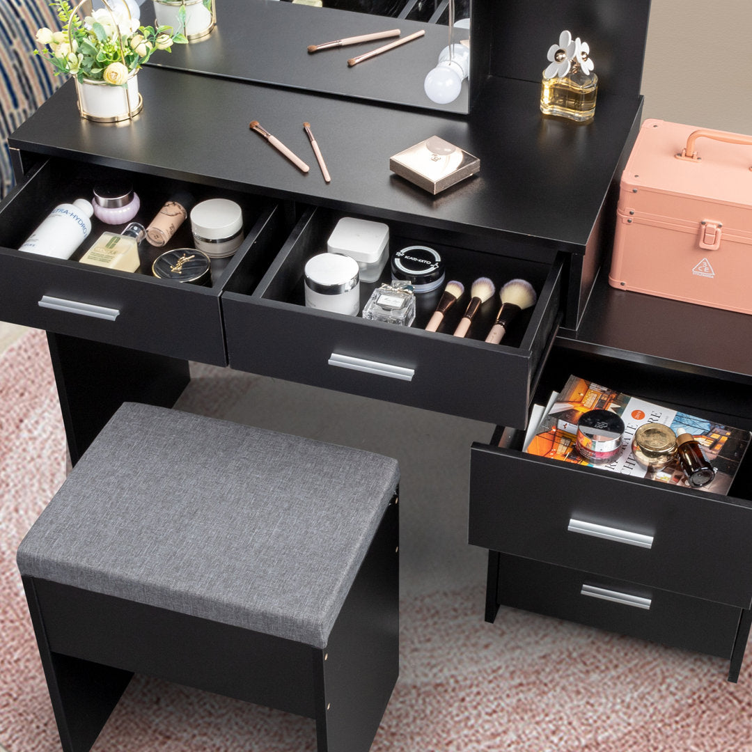 Calletano 44.3"Wide Makeup Vanity Set with Mirror Cabinet, Stool,5 Drawers Wade Logan® Color: Black