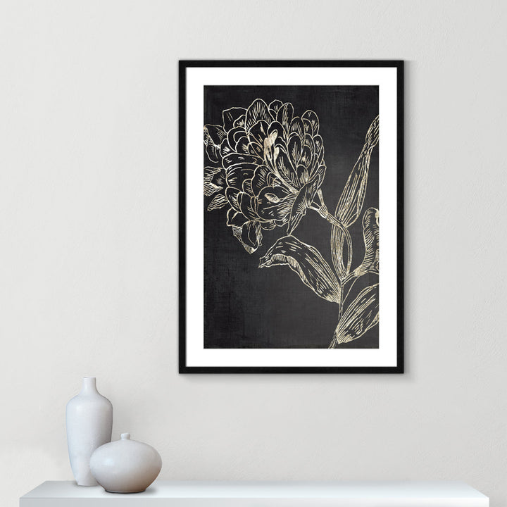 Golden Flower Folklore II by Asia Jensen - Picture Frame Graphic Art Joss & Main Size: 35.5" H x 25.5" W Format: Black Wood Grain Framed
