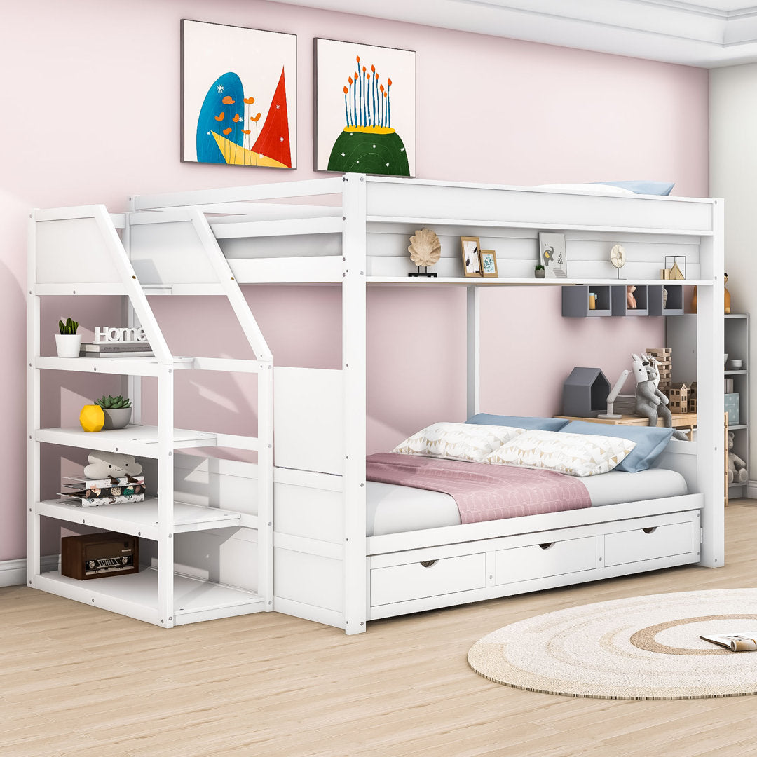 Dalvey Kids Full Over Full 3 Drawers Convertible Futon Bunk Bed with Storage Staircase Harriet Bee Bed Frame Color: White