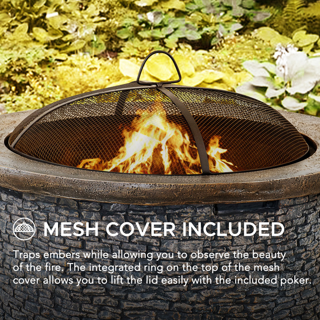 Nolia 32 inch Fire Pit for Outside, Outdoor Stone Wood Burning Fire Pit with Steel Mesh Spark Screen and Fire Poker, Large Bonfire for Patio and Backyard Williston Forge