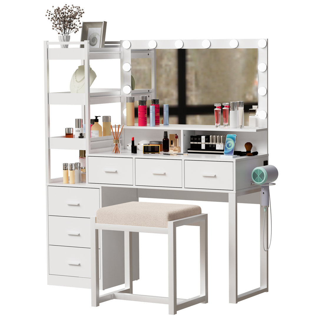 Kelila Makeup Vanity Desk with Lighted Mirror and Charging Station Latitude Run® Color: White