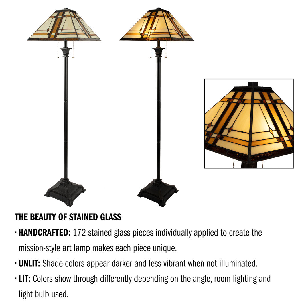 Damico 61" Tiffany Style Floor Lamp – Mission Design Standing Light with Art Glass Lampshade and 2 LED Bulbs – Vintage Look Accent Decor Millwood Pines
