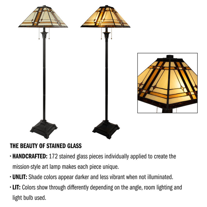 Damico 61" Tiffany Style Floor Lamp – Mission Design Standing Light with Art Glass Lampshade and 2 LED Bulbs – Vintage Look Accent Decor Millwood Pines
