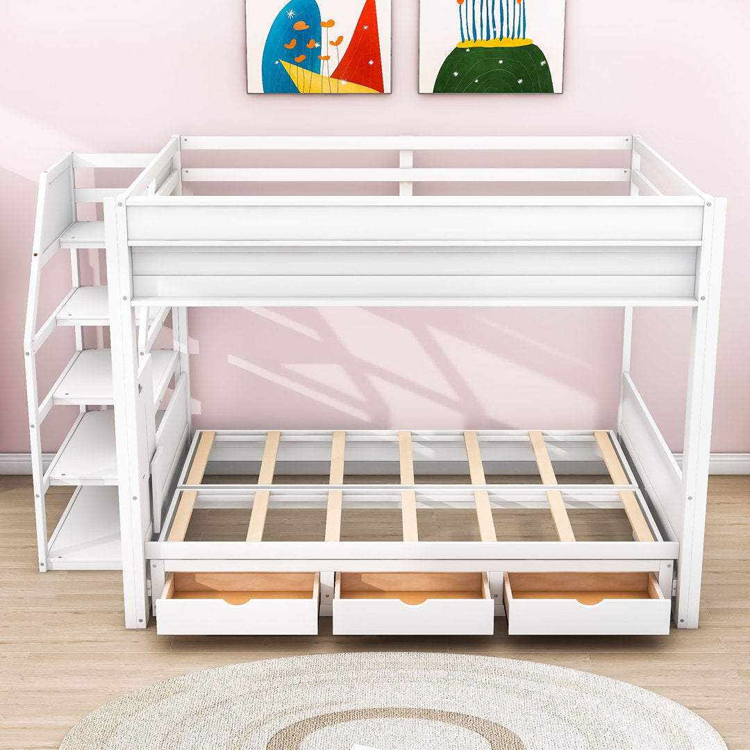 Dalvey Kids Full Over Full 3 Drawers Convertible Futon Bunk Bed with Storage Staircase Harriet Bee Bed Frame Color: White