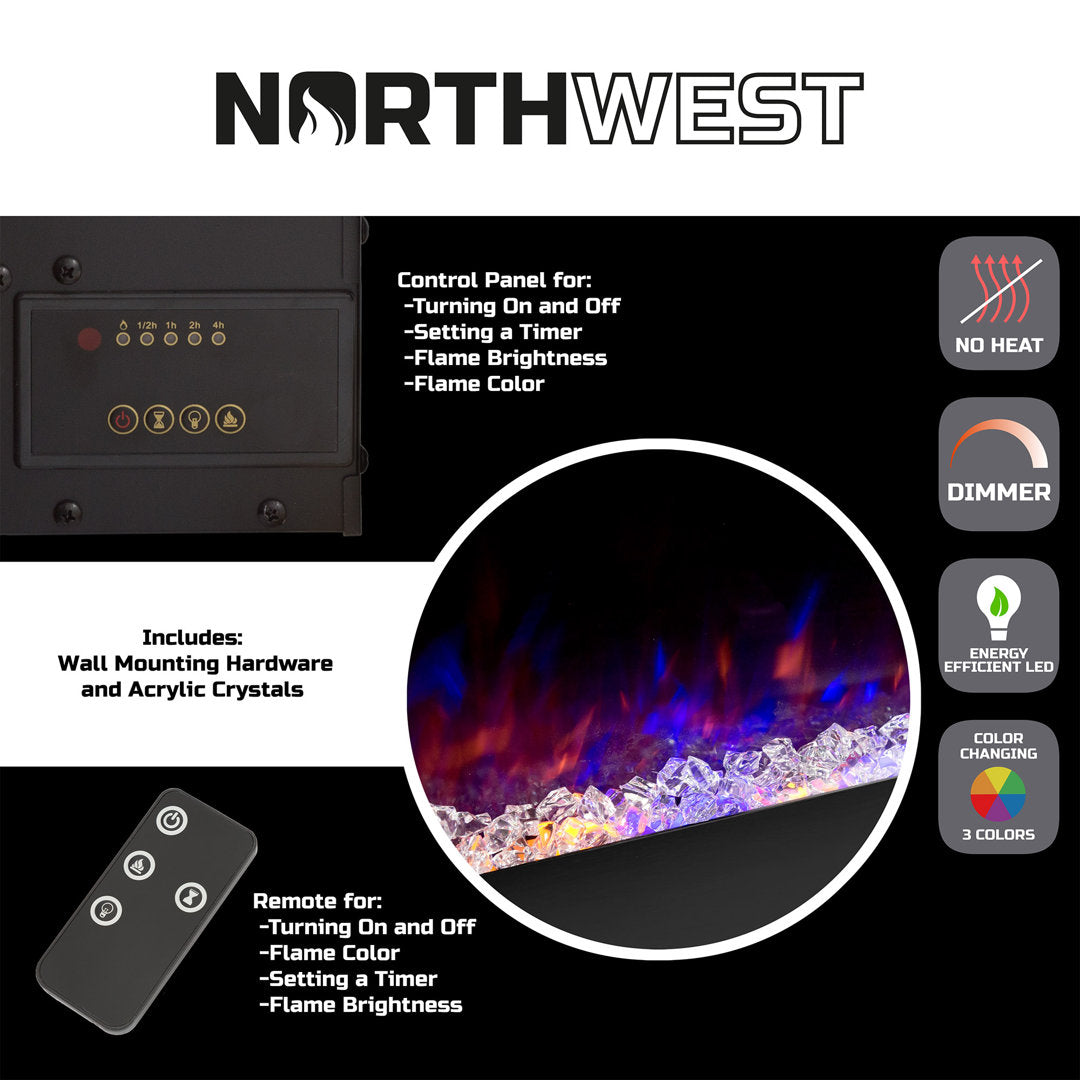 Quevedo Electric Fireplace - 54 Inch No Heat Wall Mounted Fireplace with LED Flames, Remote, Timer, and Adjustable Brightness(Black) Orren Ellis