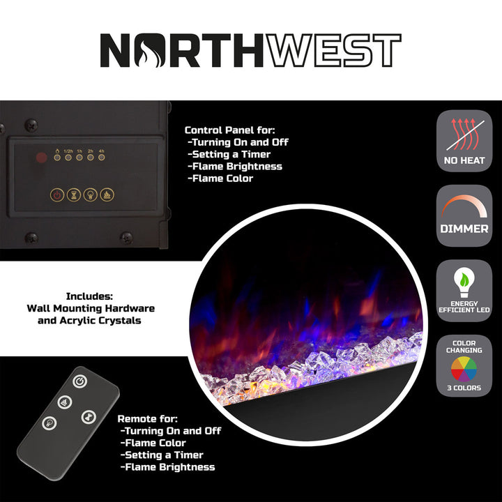 Quevedo Electric Fireplace - 54 Inch No Heat Wall Mounted Fireplace with LED Flames, Remote, Timer, and Adjustable Brightness(Black) Orren Ellis