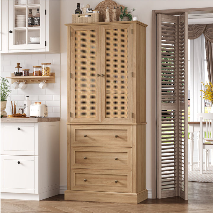 Ashlon 73" Kitchen Pantry With Adjustabel Shelf, Rattan Door Pantry Cabinet With Removable Wine Rack Bay Isle Home™ Finish: Brown Oak
