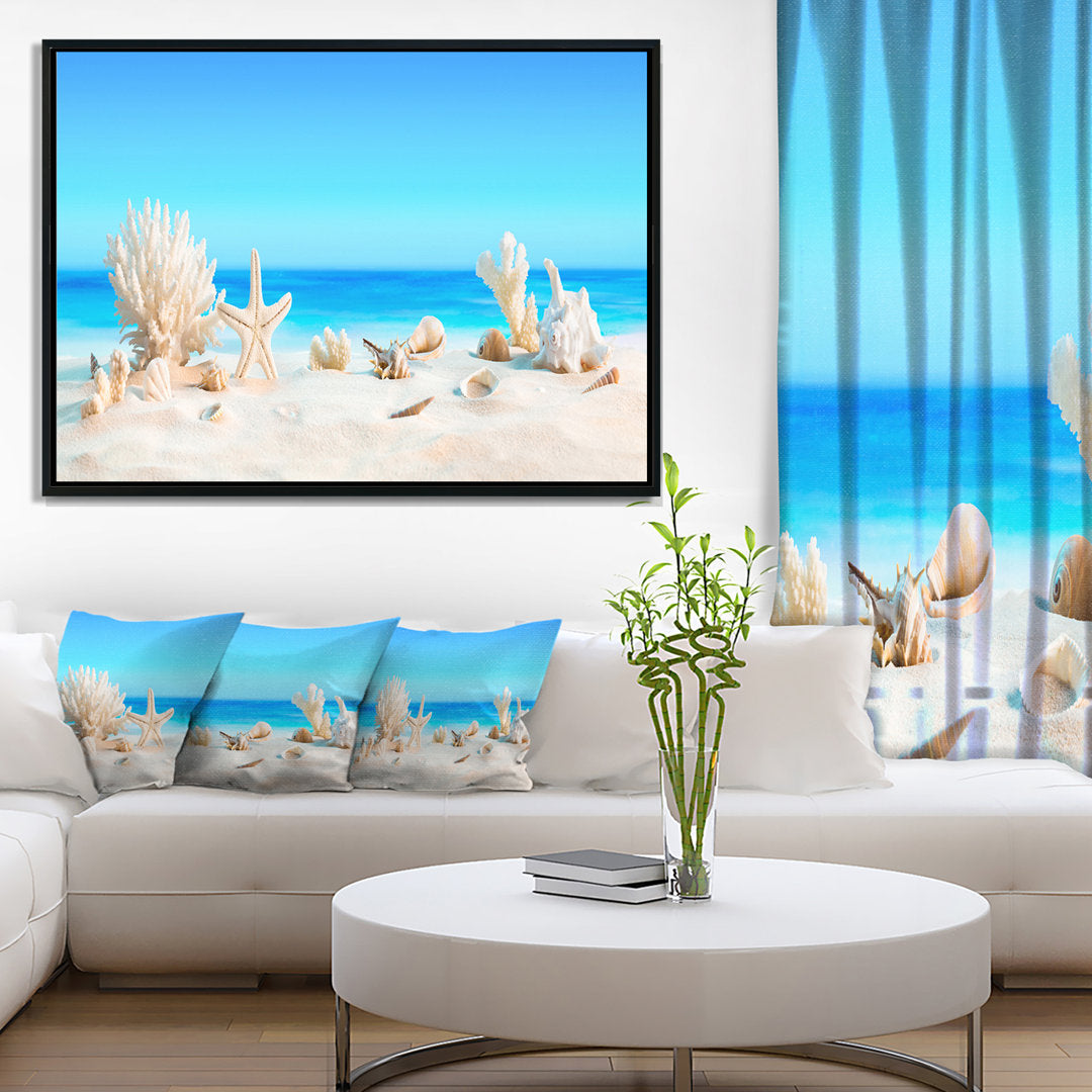 Risa Seashells on Tropical Beach' Graphic Art Highland Dunes Size: 30" H x 62" W x 1.5" D Format: Floater Framed Canvas