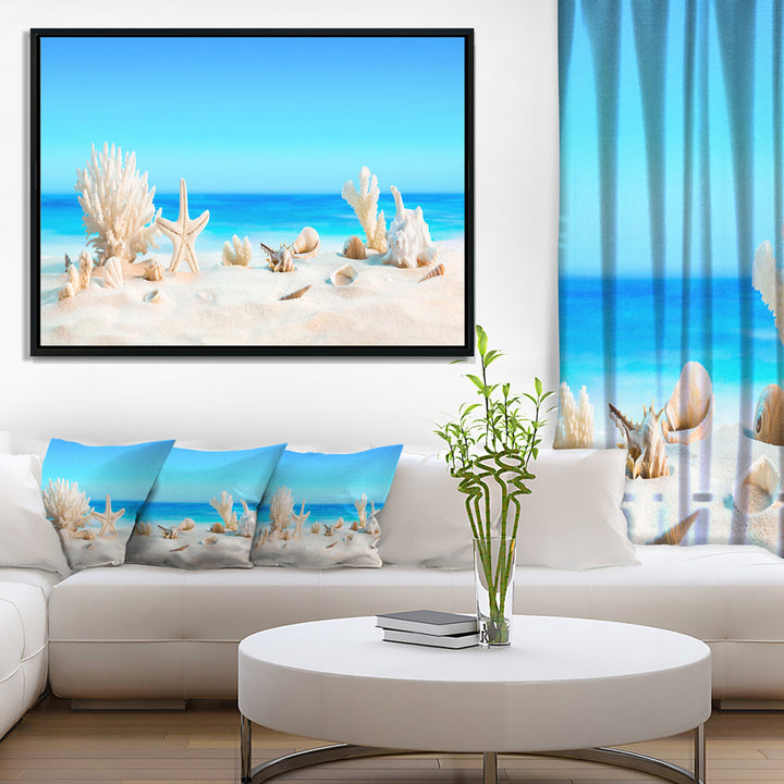 Risa Seashells on Tropical Beach' Graphic Art Highland Dunes Size: 30" H x 62" W x 1.5" D Format: Floater Framed Canvas