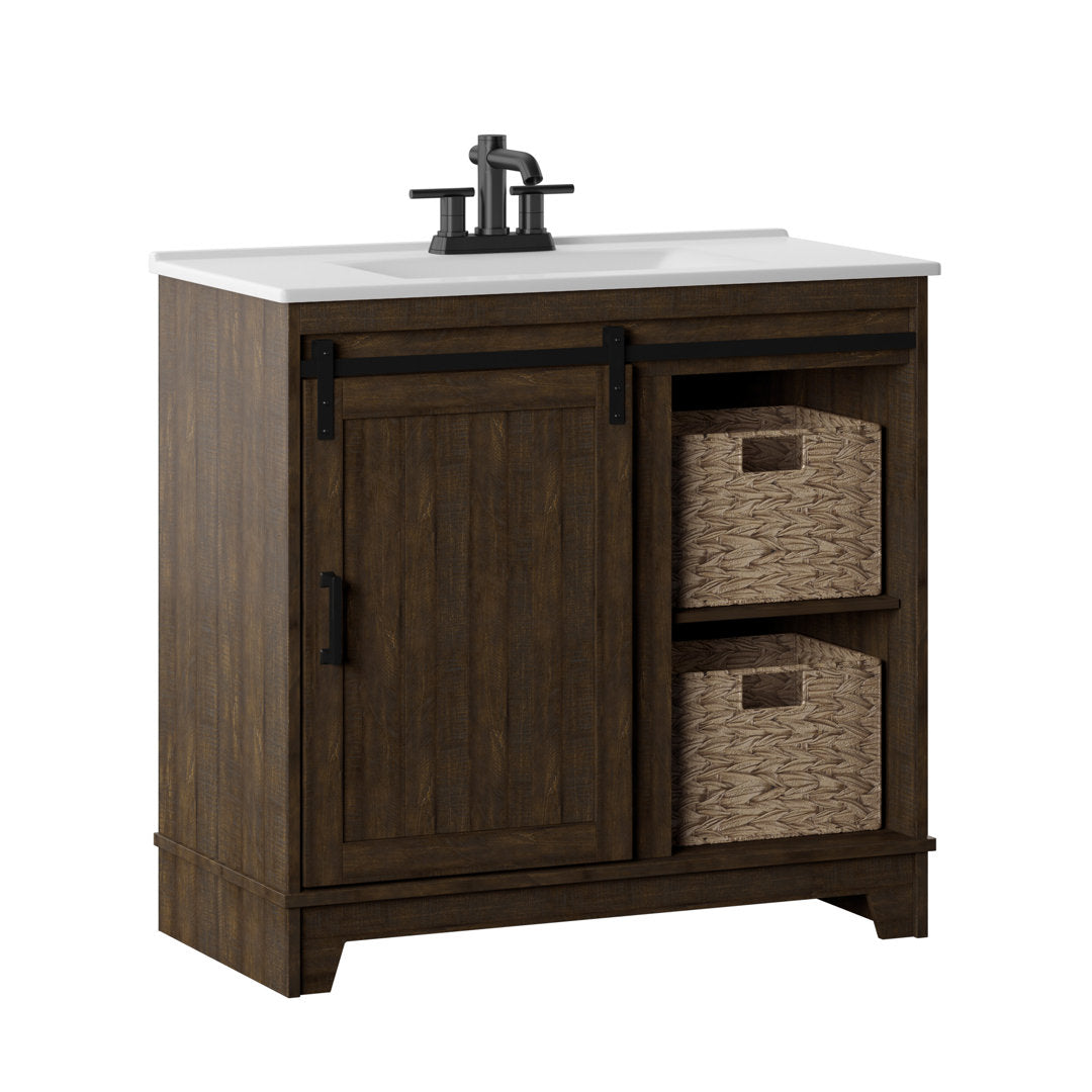 Braylen Sliding Barn Door 36" Single Bathroom Vanity Set Sand & Stable™ Base Finish: Saw Cut Espresso