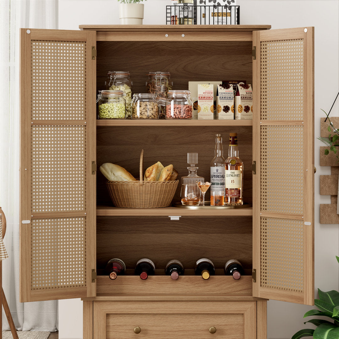 2-Door 2-Drawer Tall Locker With Faux Rattan And Faux Solid Wood Surface, 64.4"H X 28.54"W X 15"D Bay Isle Home™ Color: Brown