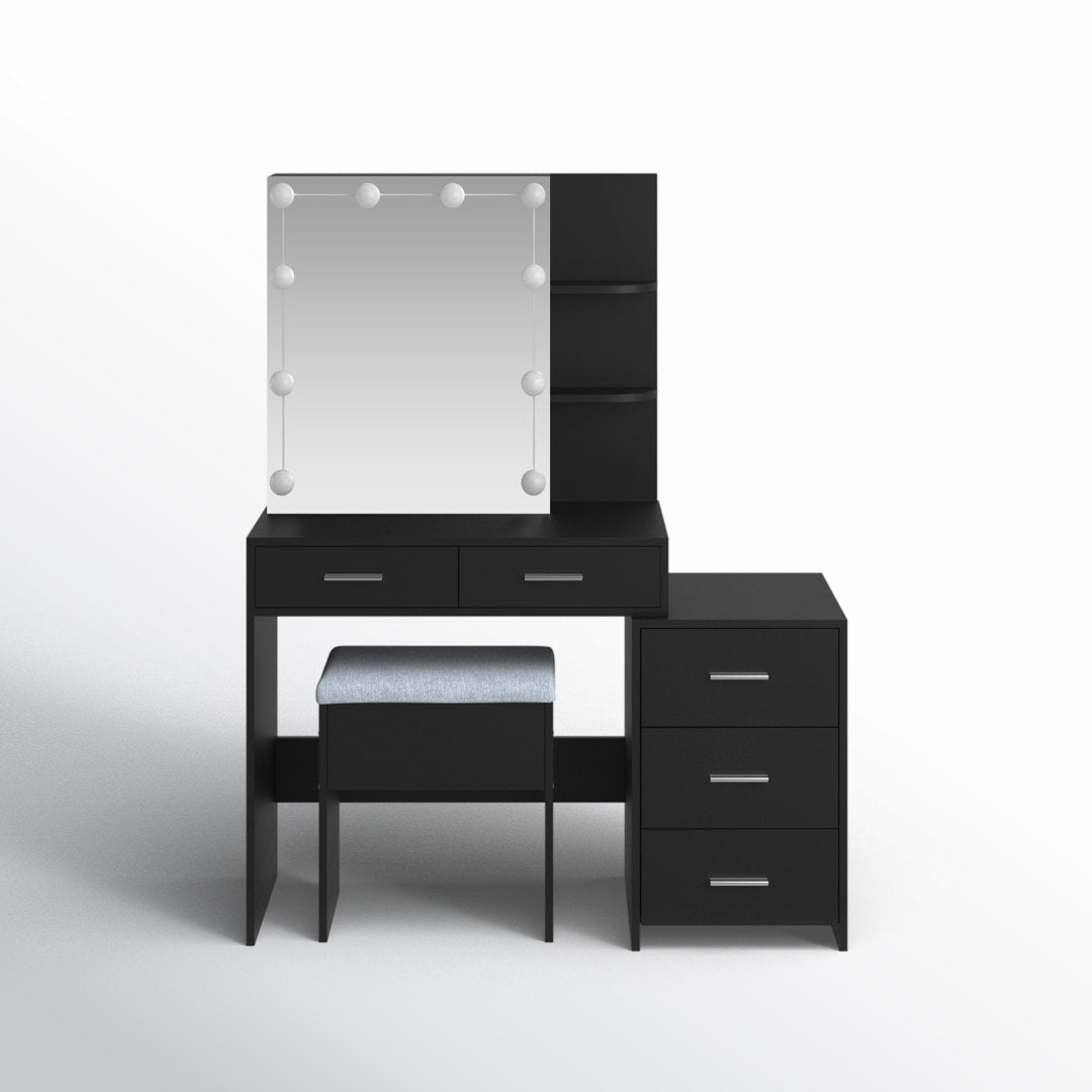 Calletano 44.3"Wide Makeup Vanity Set with Mirror Cabinet, Stool,5 Drawers Wade Logan® Color: Black