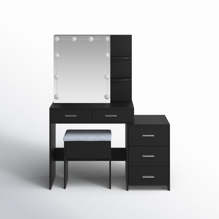 Calletano 44.3"Wide Makeup Vanity Set with Mirror Cabinet, Stool,5 Drawers Wade Logan® Color: Black