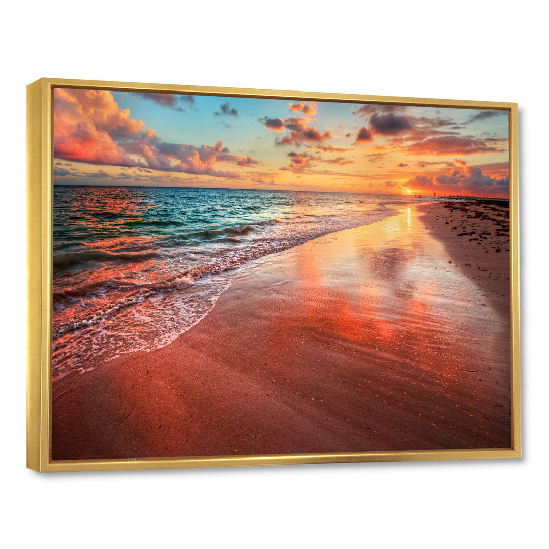 Sunset over an Ocean Beach Shore II - Photograph on Canvas East Urban Home Size: 16" H x 32" W x 1" D Format: Gold Floater Framed