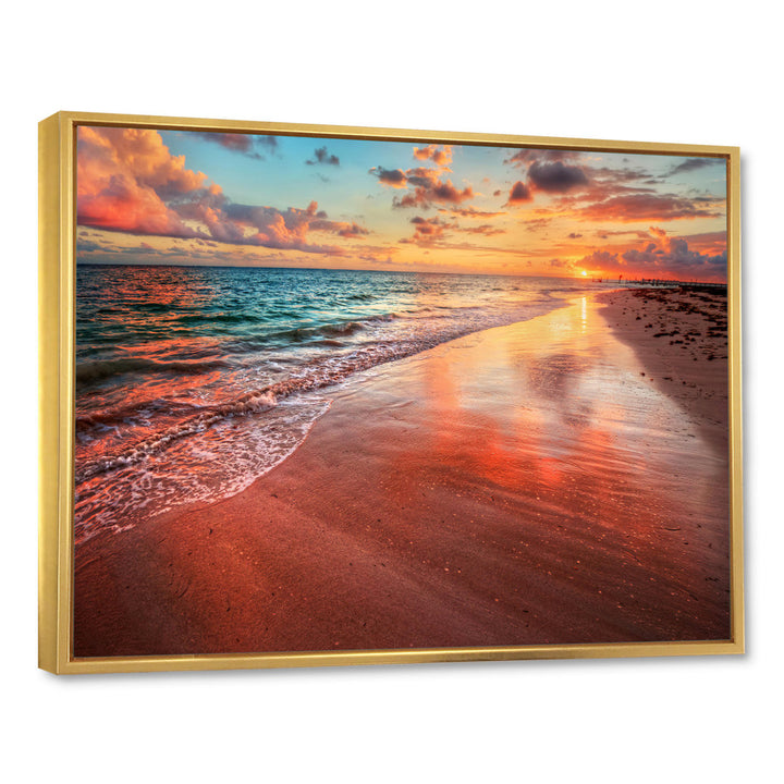 Sunset over an Ocean Beach Shore II - Photograph on Canvas East Urban Home Size: 16" H x 32" W x 1" D Format: Gold Floater Framed