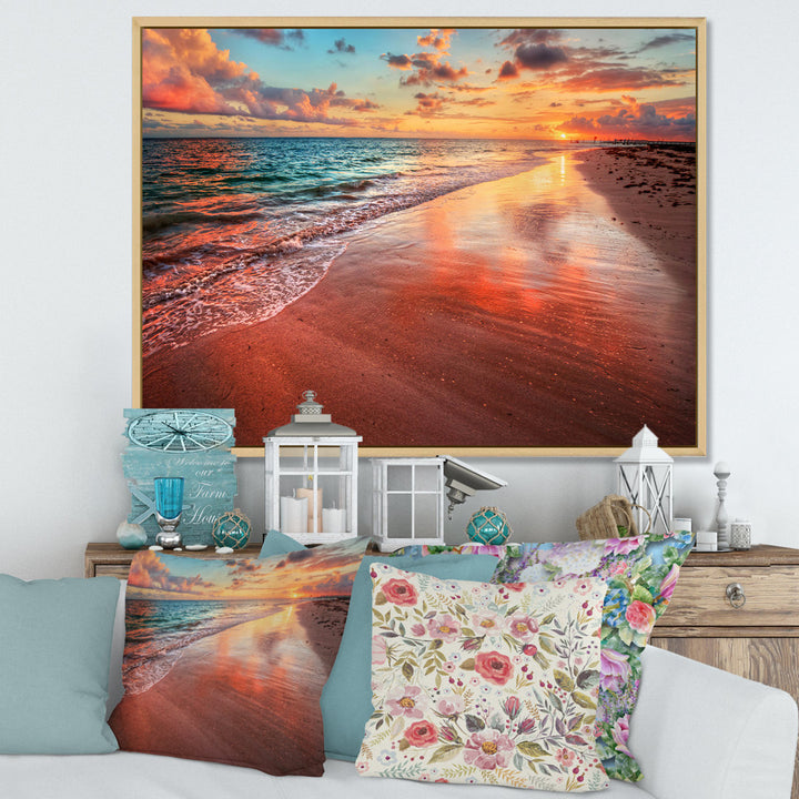 Sunset over an Ocean Beach Shore II - Photograph on Canvas East Urban Home Size: 30" H x 40" W x 1.5" D Format: Maple Floater Framed