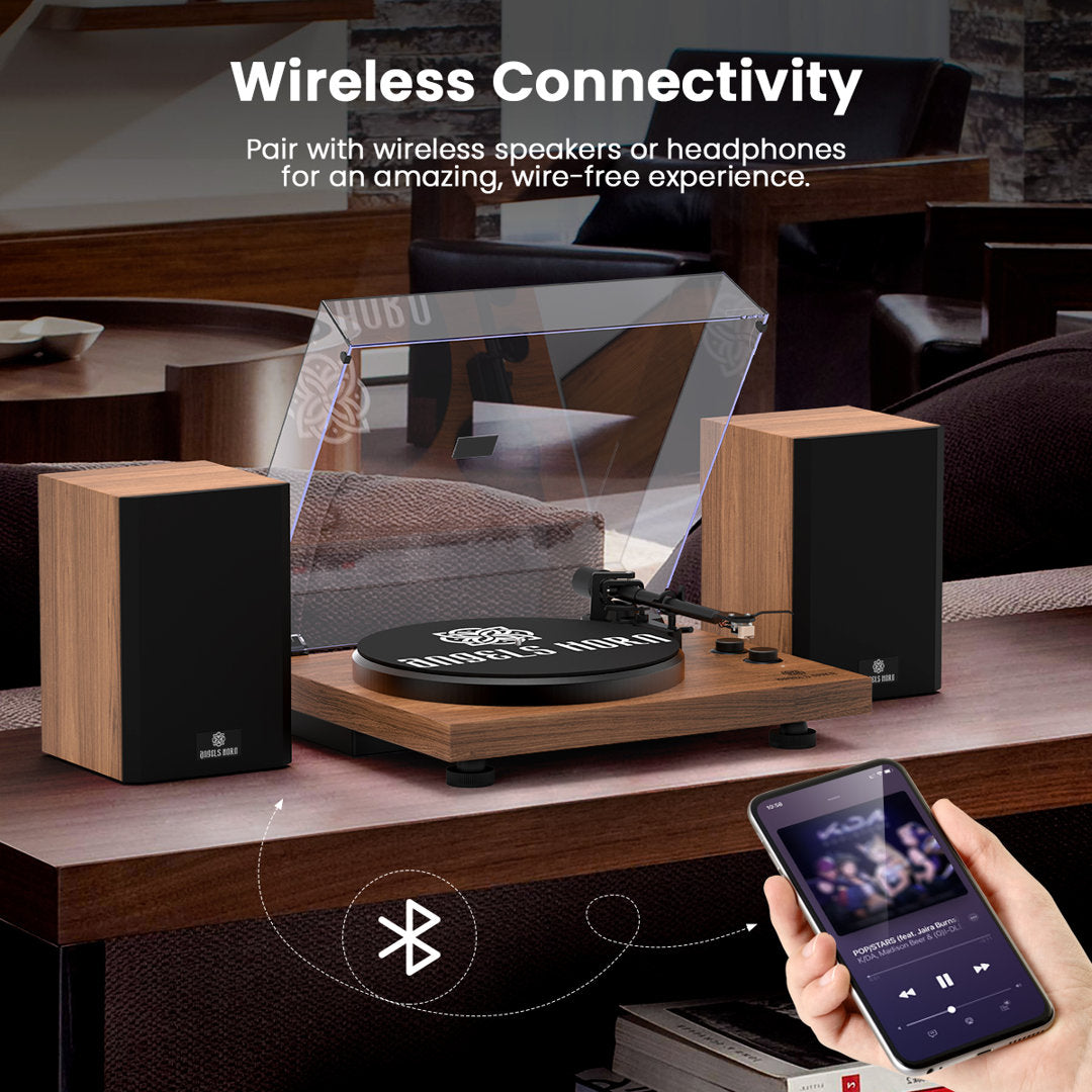 Angelshorn Stereo Decorative Record Player With Built-in Phono Preamp And Belt Drive Turntable, 2-speed Vinyl Record Player With 2 Pcs Bluetooth Bookshelf Speakers, Walnut ANGELSHORN