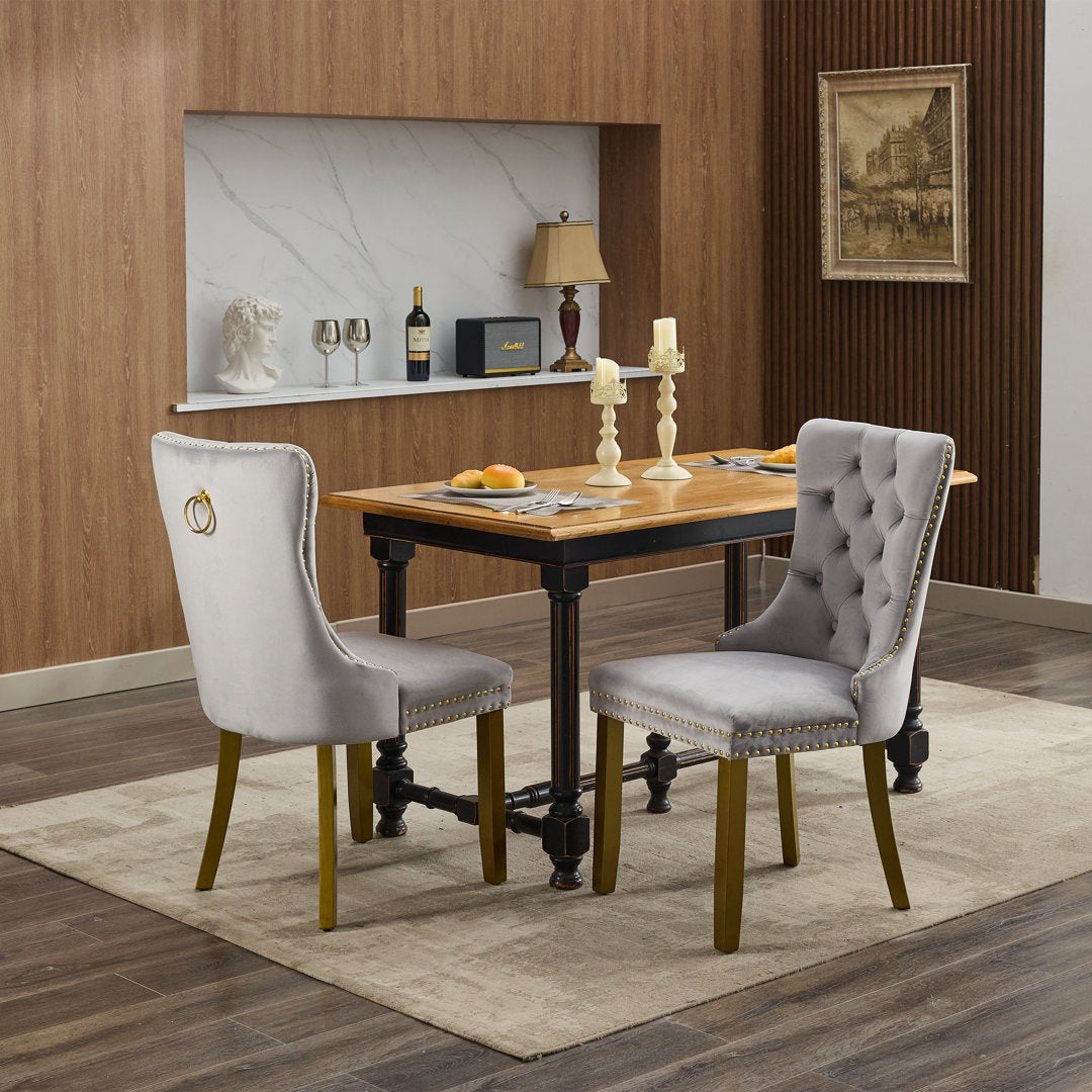 Allena Tufted Velvet/Linen Wing Back Parsons Chair (Set of 2) Rosdorf Park Upholstery Color: Velvet Gray, Leg Color: Gold