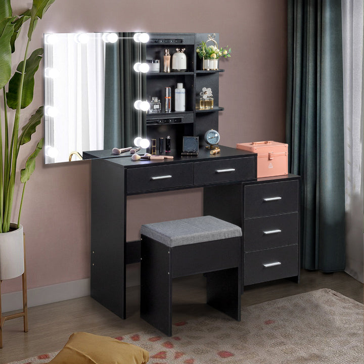 Calletano 44.3"Wide Makeup Vanity Set with Mirror Cabinet, Stool,5 Drawers Wade Logan® Color: Black